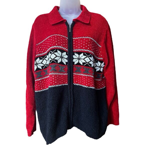 Vtg Parisian Works Red Nordic Fair Isle Zip Front Cardigan Sweater w/Collar Sz M - Picture 1 of 11